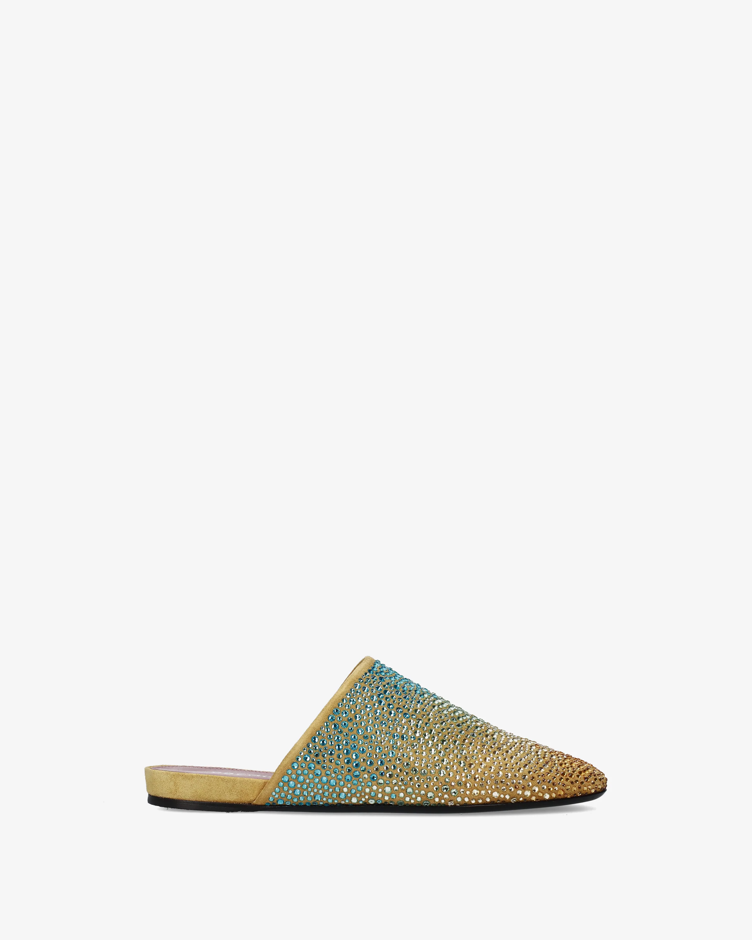 Leather clogs with light blue gradient rhinestones
